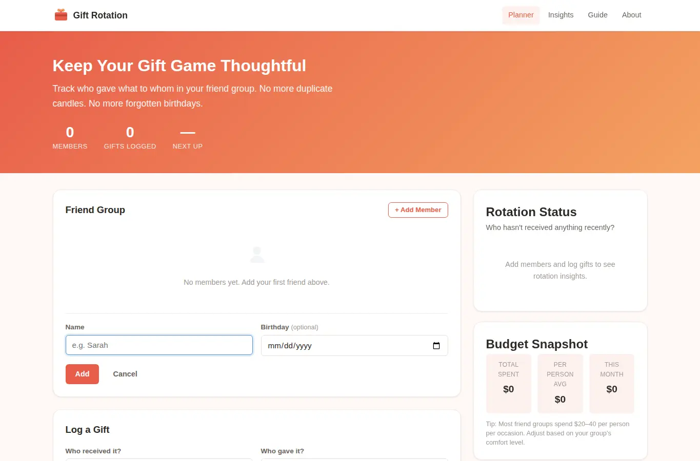 Screenshot of Friend Group Gift Rotation interface showing the project page in use